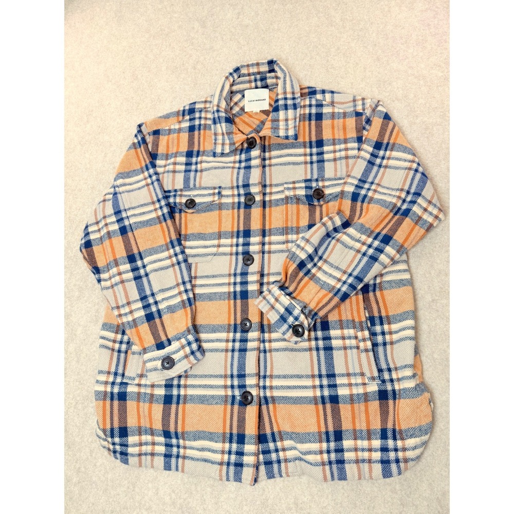 Lucky Brand Blue Orange Plaid Flannel Shacket Shirt Heritage Jacket Womens M